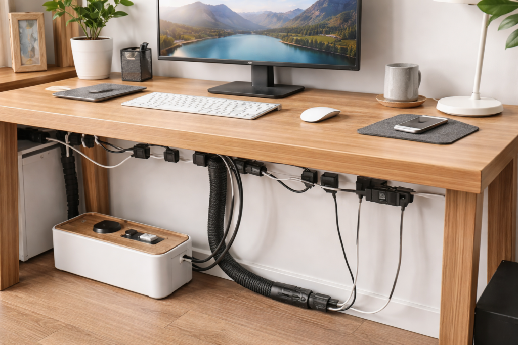 Desk cable management with hidden wires and organized cables under a clean home office desk.