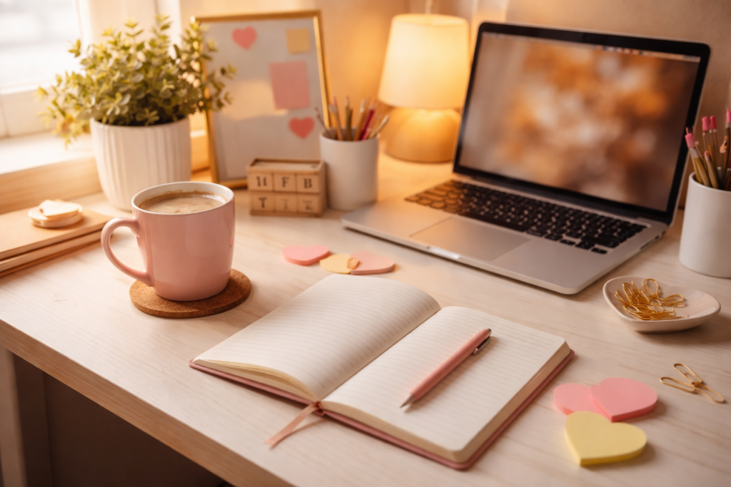 Cozy home office desk with coffee mug, notebook, heart sticky notes, and laptop in warm light for Valentine’s Day desk gift ideas.