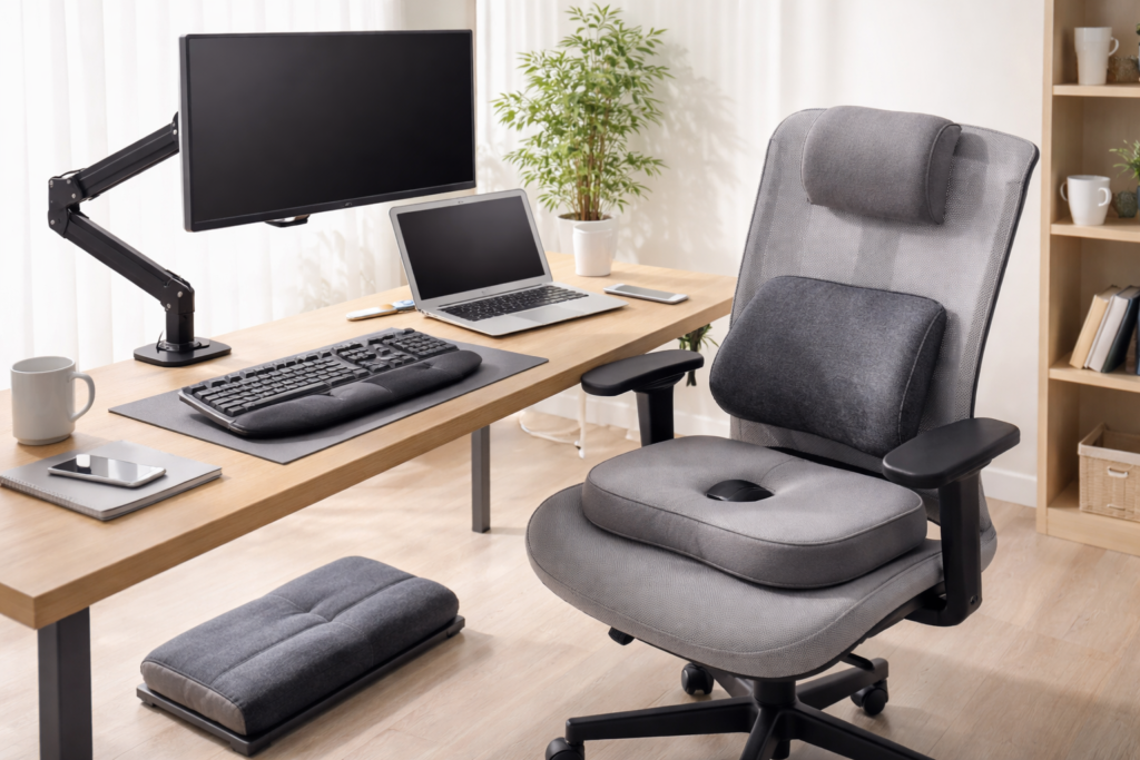 Affordable ergonomic desk setup with monitor arm, laptop stand, ergonomic keyboard, lumbar support, seat cushion, and footrest in a home office