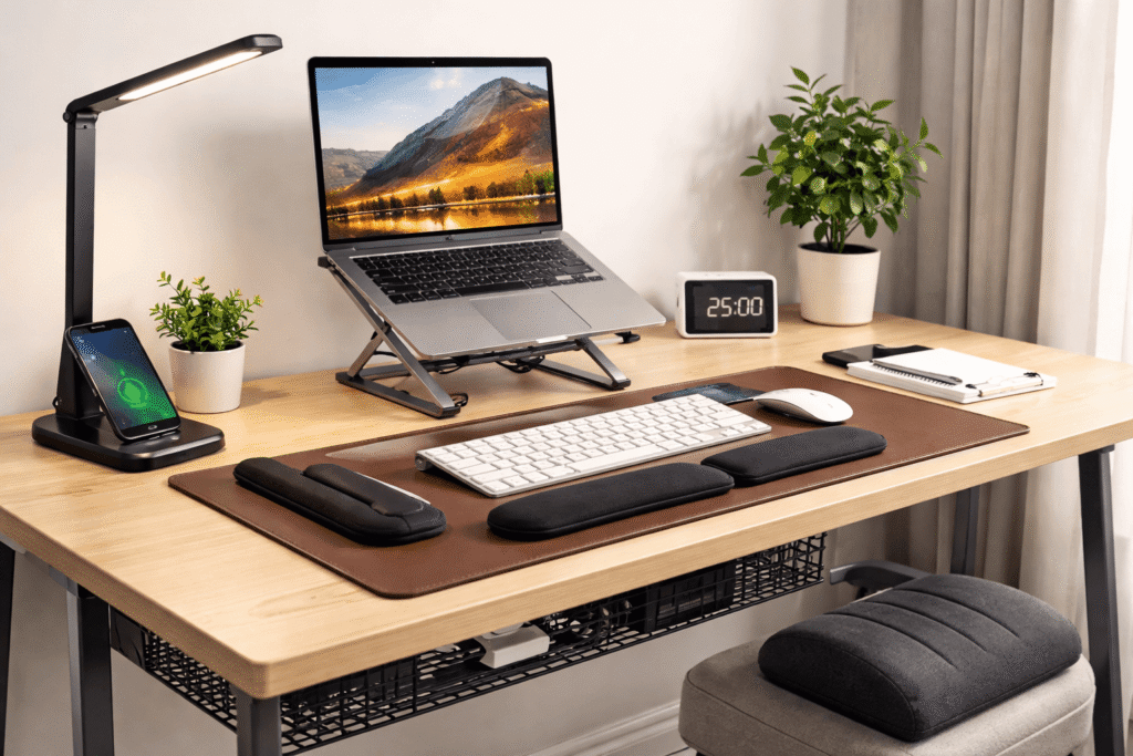 Minimal budget home office desk setup with laptop stand, LED desk lamp, leather desk pad, wrist rests, cable tray, timer, and foot rest.