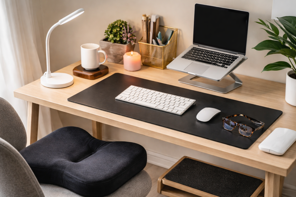 Cozy home office desk setup with LED lamp, leather desk pad, laptop stand, mug warmer, blue light glasses, and ergonomic accessories.