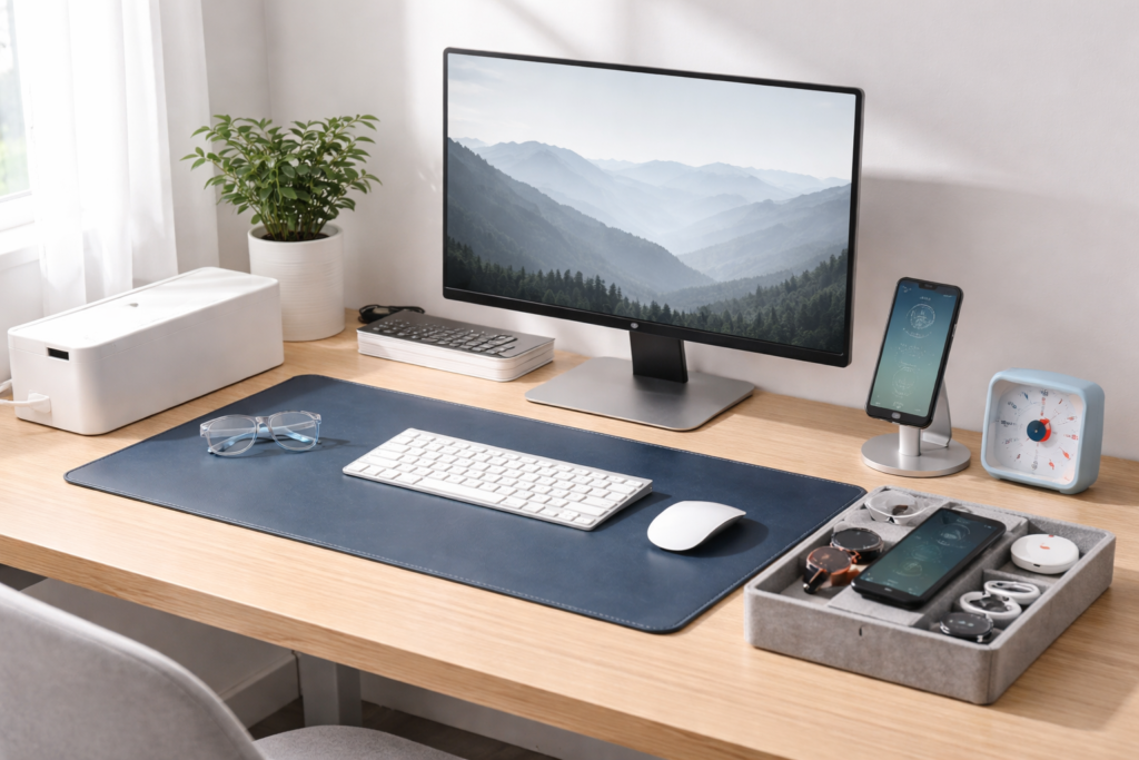 Minimalist home office desk setup with cable management box, desk pad, phone stand, timer, and clean workspace designed for focus