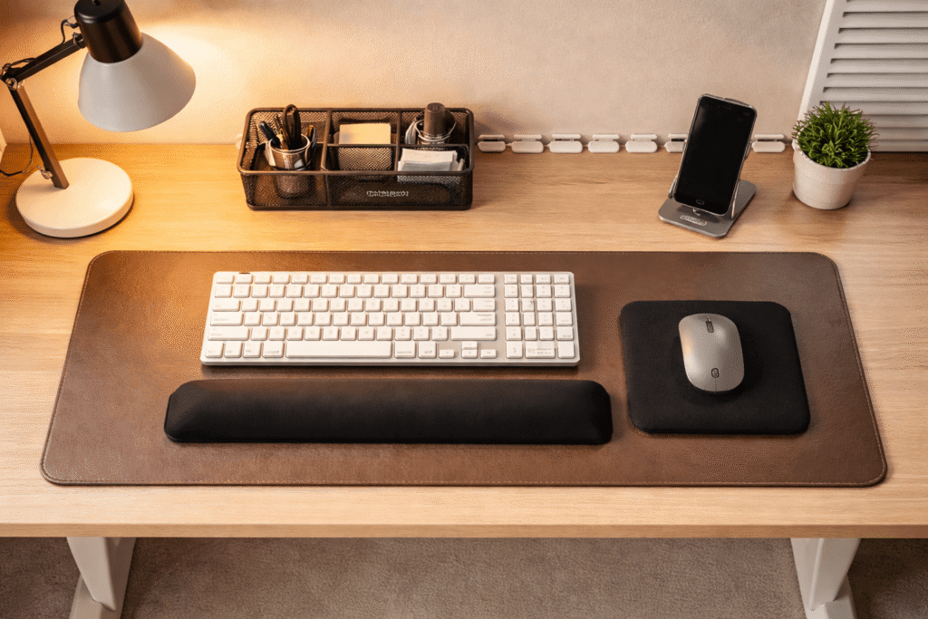 Top-down view of a clean home office desk with leather desk pad, wrist rest, wireless mouse, phone stand, mesh organizer, and warm desk lighting.