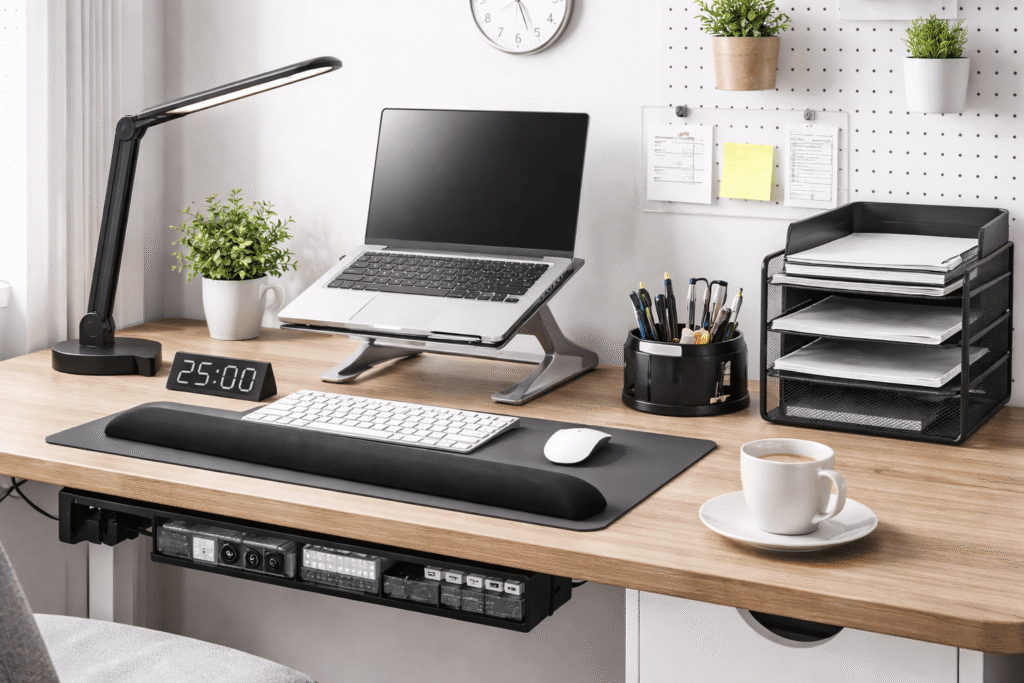 Minimalist home office desk setup with laptop stand, desk lamp, wrist rest, cable management, and productivity accessories under $25