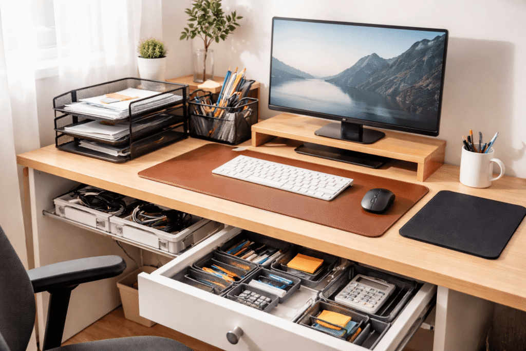 Clean home office desk setup with organized trays, cable management, and minimal accessories for a clutter-free workspace