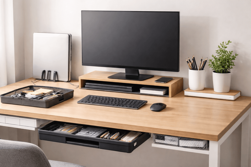 Clean and organized small home office desk with monitor stand, drawer organizers, cable management, and minimal accessories