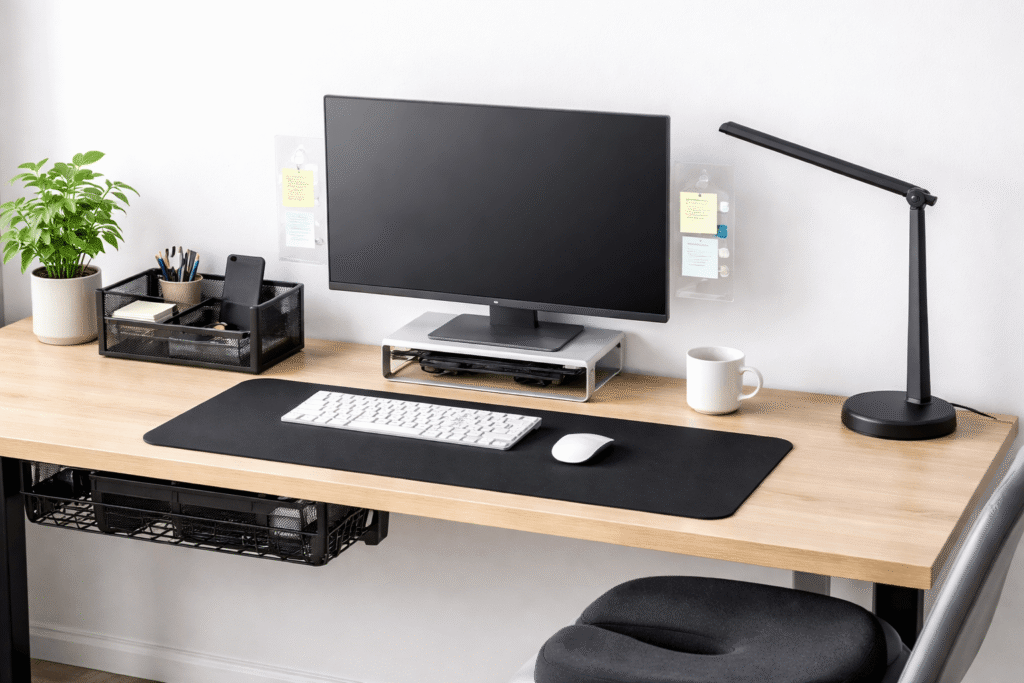 Minimalist home office desk setup with laptop stand, large desk mat, mesh organizer, LED desk lamp, cable management tray, and ergonomic seat cushion on a wooden desk.