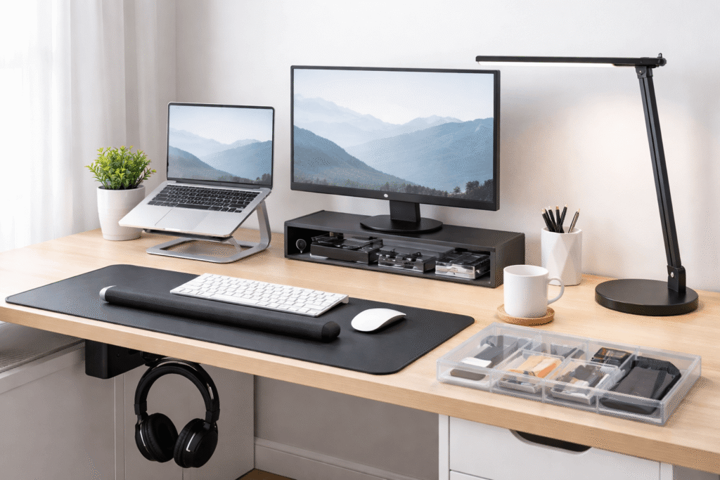 Clean and minimalist home office desk setup with laptop stand, desk mat, LED lamp, cable management, and organized accessories