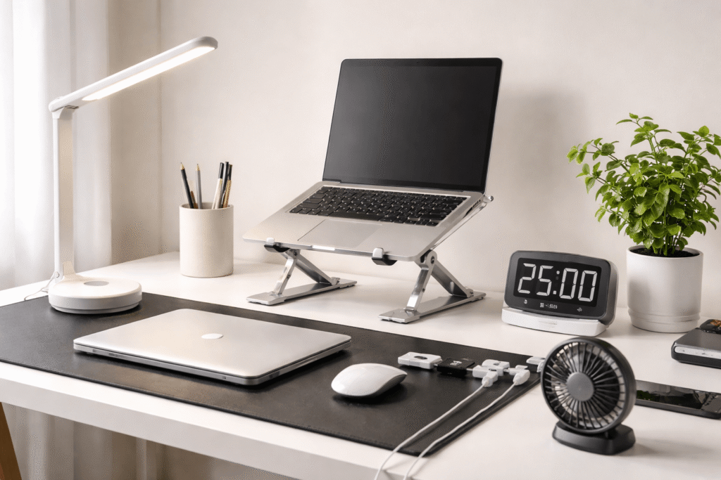 Minimal home office desk setup with small productivity gadgets and accessories