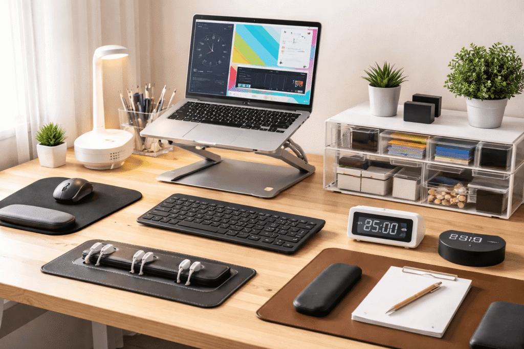Minimal home office desk setup with laptop stand, desk lamp, cable clips, drawer organizers, timer, wrist rest, and desk mat on a wooden desk.
