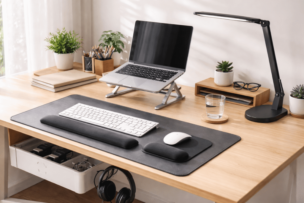 Minimal home office desk setup with laptop stand, desk lamp, desk mat, and organized workspace in natural daylight