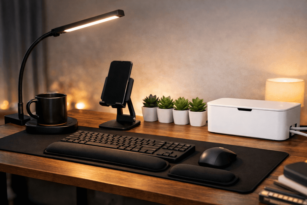 Cozy home office desk setup with LED clamp lamp, phone stand, succulents, cable box, wrist rests, and mug warmer in warm evening light.
