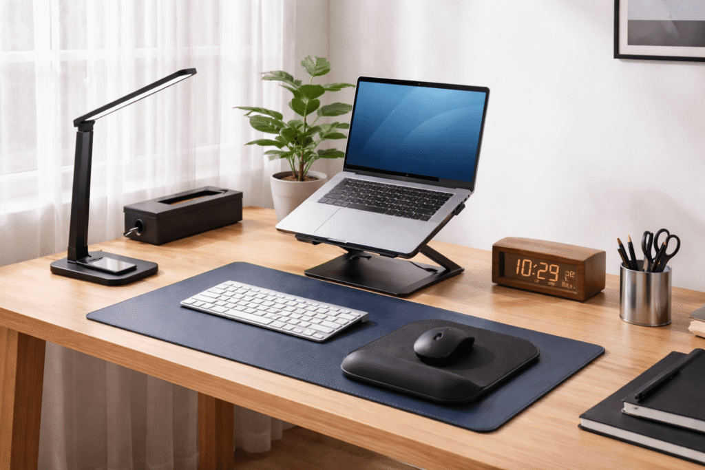 Modern home office desk setup with LED lamp, leather desk mat, laptop stand, wrist rest, digital clock, and pen holder in natural daylight.