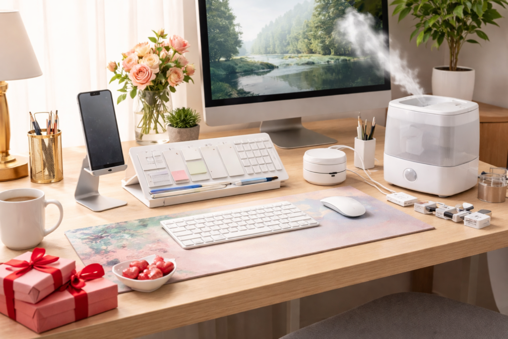 Cozy home office desk setup with phone stand, desk whiteboard, extended desk mat, cable clips, and humidifier arranged for Valentine’s Day gift inspiration.