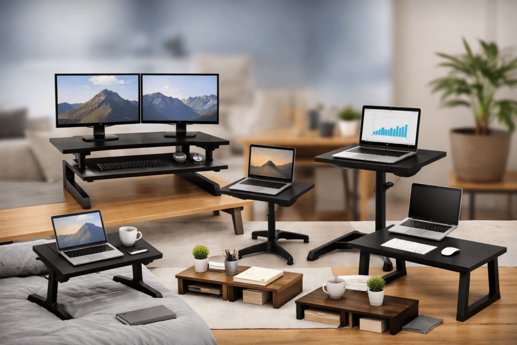 Affordable standing desk alternatives for small home offices including desk converter, rolling laptop cart, and adjustable laptop stands in a compact workspace setup