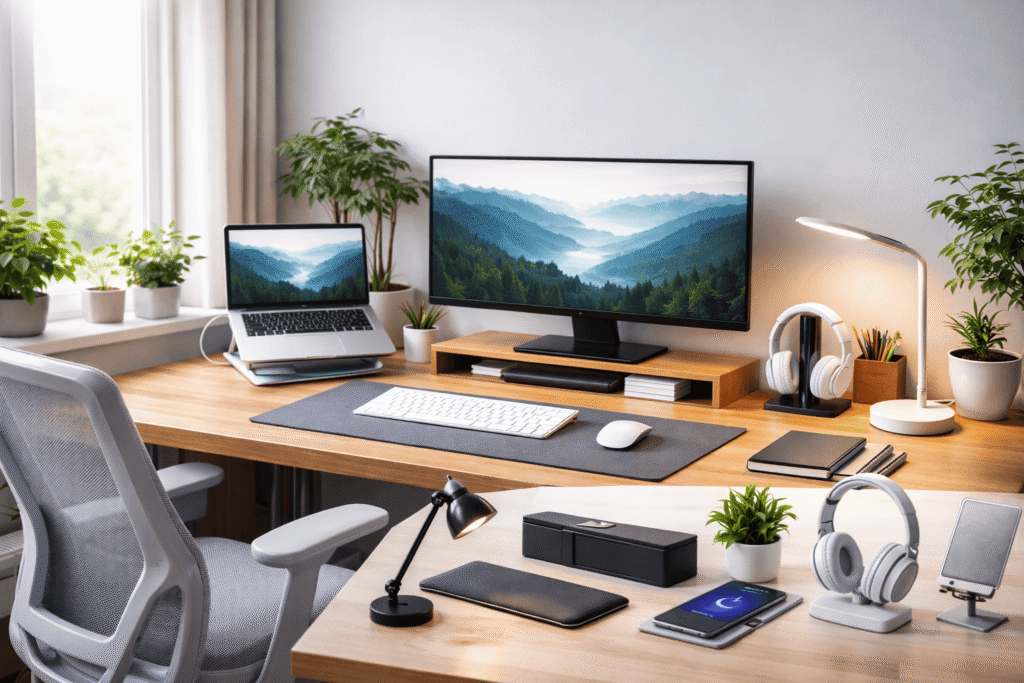 Modern home office desk setup with monitor, laptop stand, desk lamp, headphones, and organized accessories representing useful desk gadgets for remote workers.