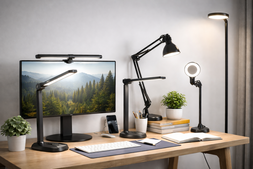 Modern home office desk setup with monitor light bar and adjustable desk lamps for eye strain
