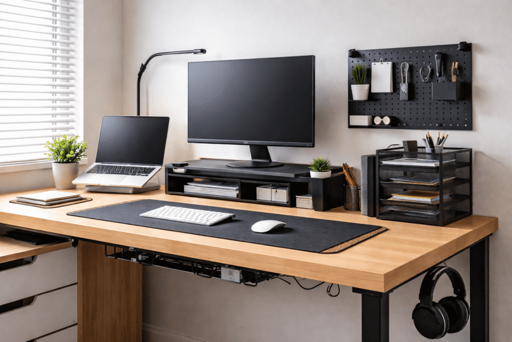 Clean modern budget desk setup with monitor riser, laptop stand, desk mat, pegboard organizer and cable management for a minimalist home office workspace.
