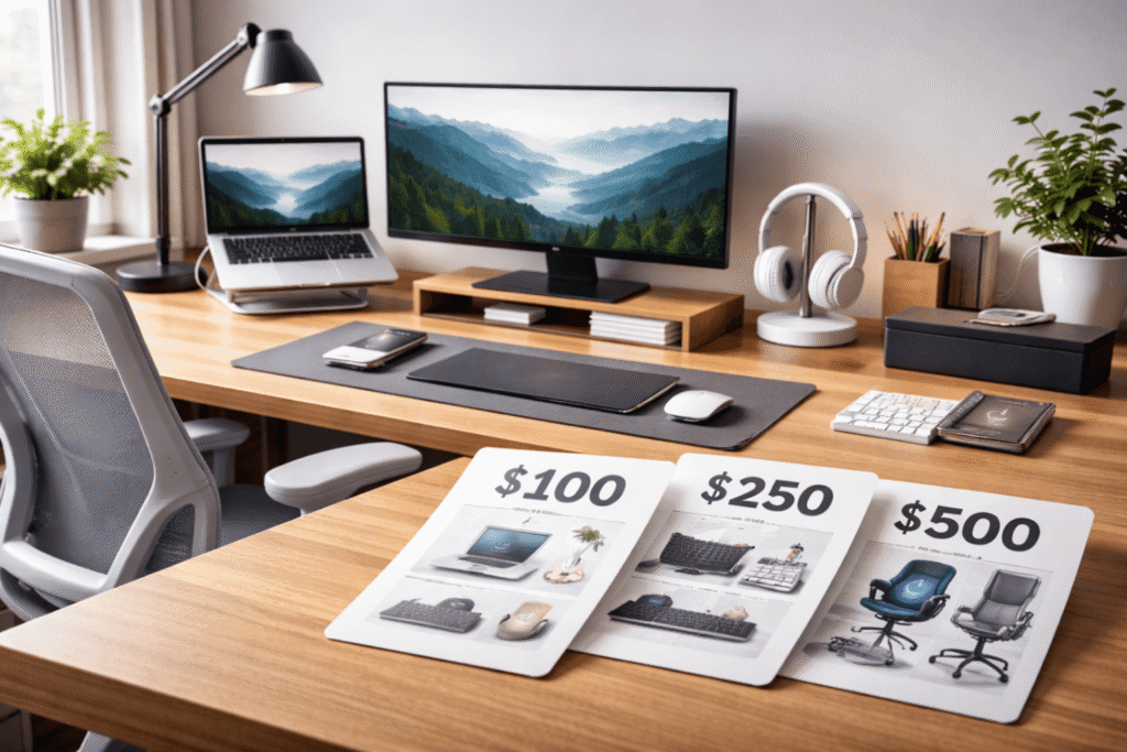 Home office desk setup showing gradual workspace upgrades for remote workers with budget levels for improving ergonomics, lighting, and desk organization.