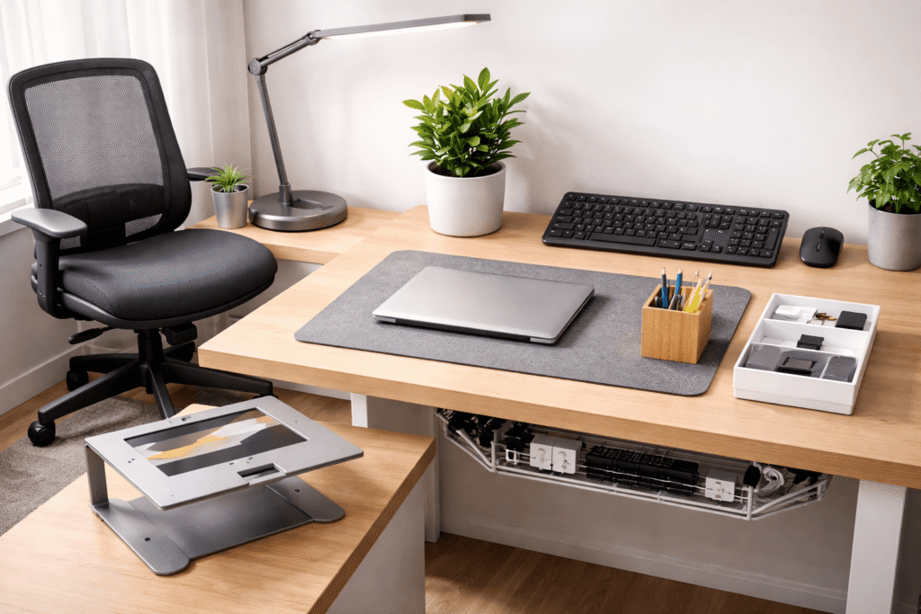 Budget-friendly home office setup with ergonomic chair, desk lamp, keyboard, laptop stand, and organized desk accessories in a clean workspace