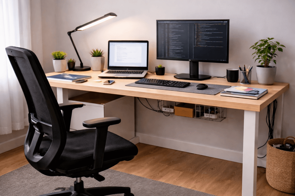 Clean budget home office setup with ergonomic chair, monitor, laptop, desk lamp and organized workspace in natural light