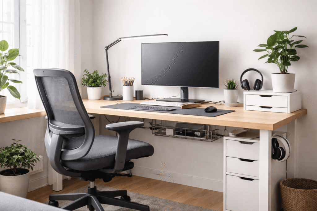 Clean and affordable home office setup with ergonomic chair, monitor, desk lamp, and organized workspace in natural light