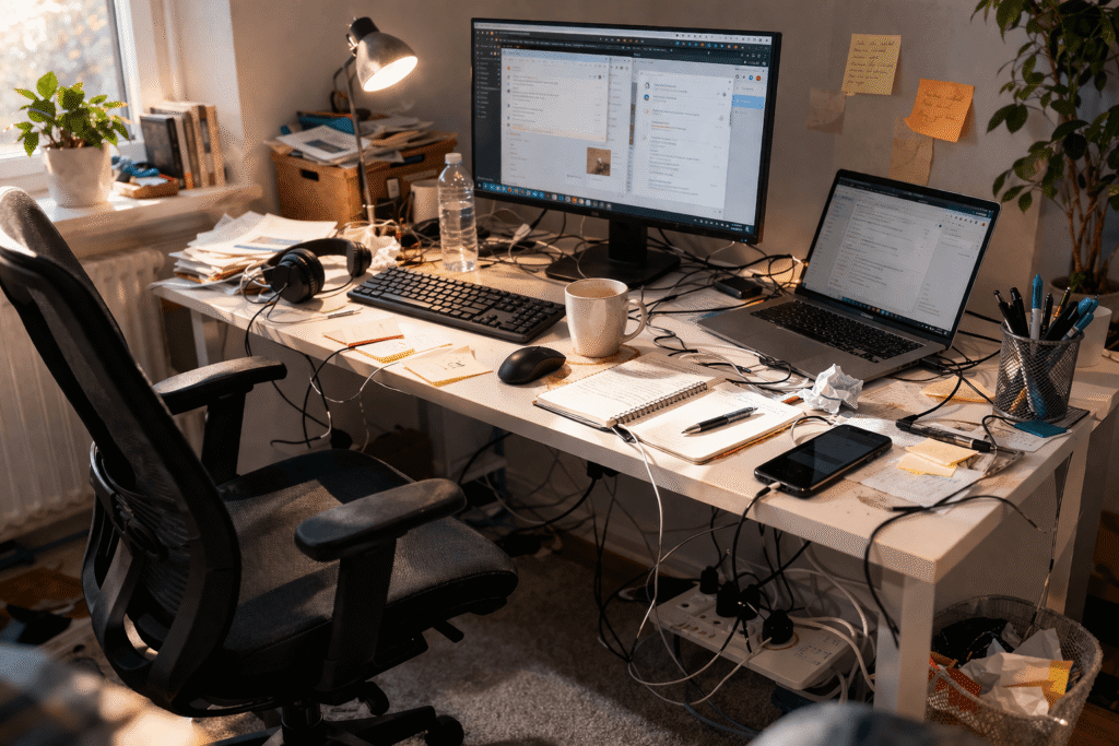 Cluttered home office desk with tangled cables, scattered notes, and poor organization causing stress and reduced productivity