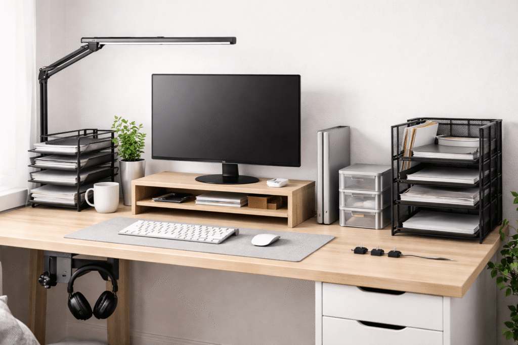Compact home office desk setup with monitor riser, vertical storage, clamp lamp, and organized accessories in a small apartment workspace