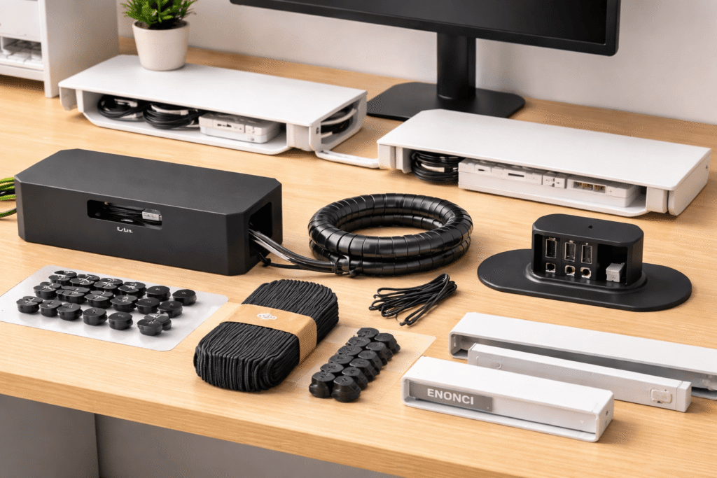 desk cable management tools organized on a clean home office desk including cable tray clips sleeve and power strip organizer