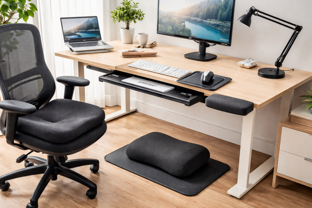 Ergonomic home office desk setup with monitor arm, laptop stand, footrest, standing mat, desk lamp, and cushioned office chair designed for comfort during long computer work sessions.