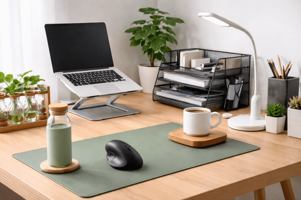 Minimalist work-from-home desk setup with laptop stand, ergonomic mouse, desk organizer, lamp, mug warmer, water bottle, and small plants.