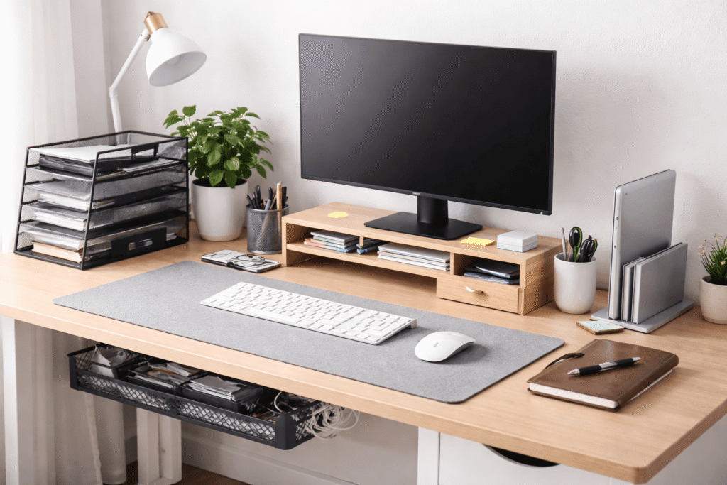 Clean and organized home office desk setup with monitor stand, paper organizer, cable management tray, and minimal workspace layout.