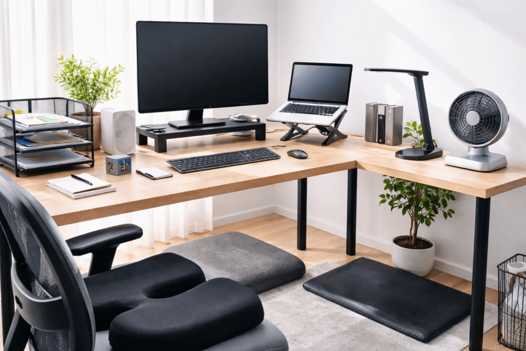 Ergonomic home office desk setup with monitor stand, laptop stand, keyboard, desk lamp, organizer, and seat cushion for long work hours