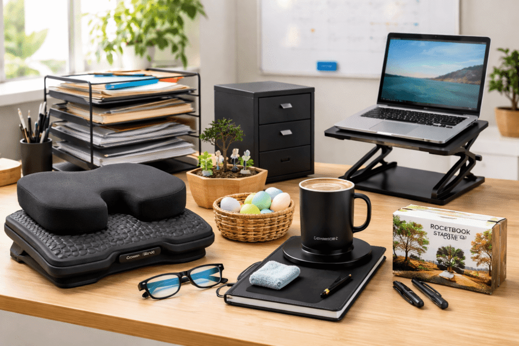 Home office desk setup with ergonomic accessories and easter themed gifts for remote workers