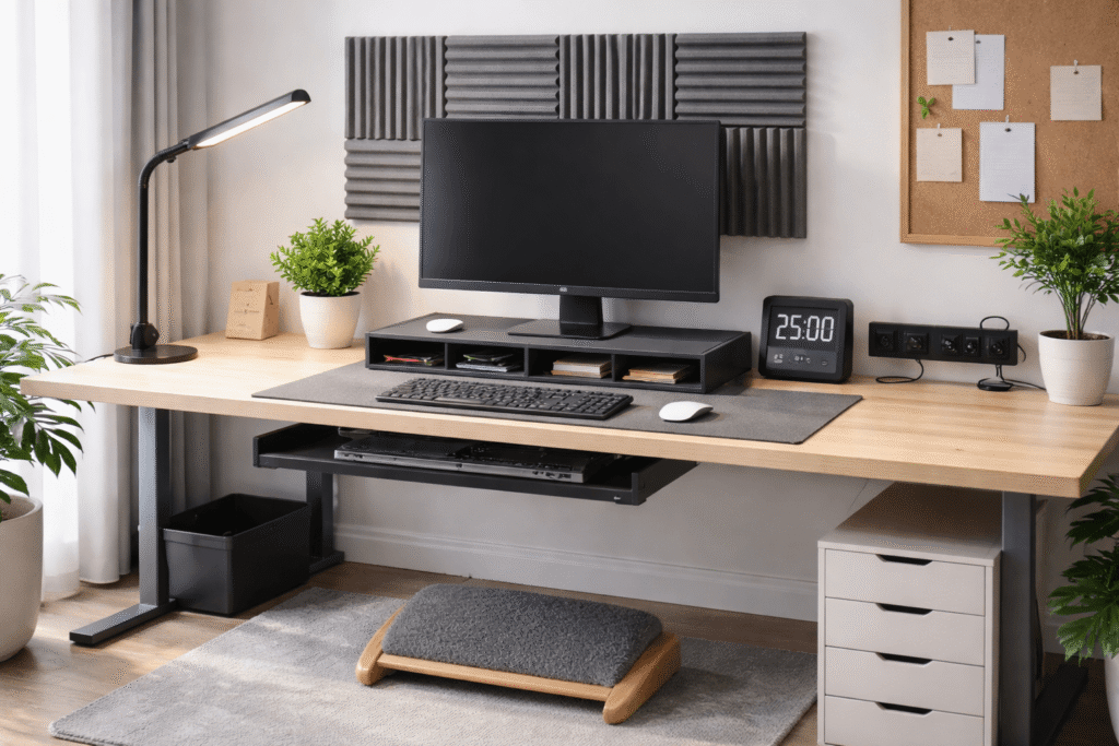 Minimalist focus-friendly home office desk setup with monitor stand, desk lamp, felt desk mat, and organized workspace for remote work.