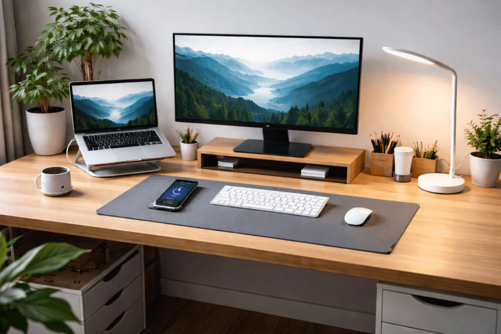 Minimalist home office desk setup with laptop stand, monitor riser, desk lamp, and organized workspace designed to reduce distractions and improve focus for remote work.