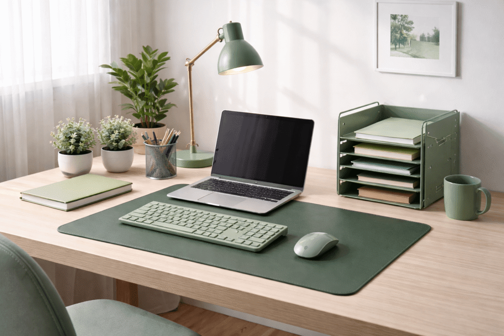 Minimal home office desk setup with green desk accessories including desk lamp, desk pad, organizer and small plant