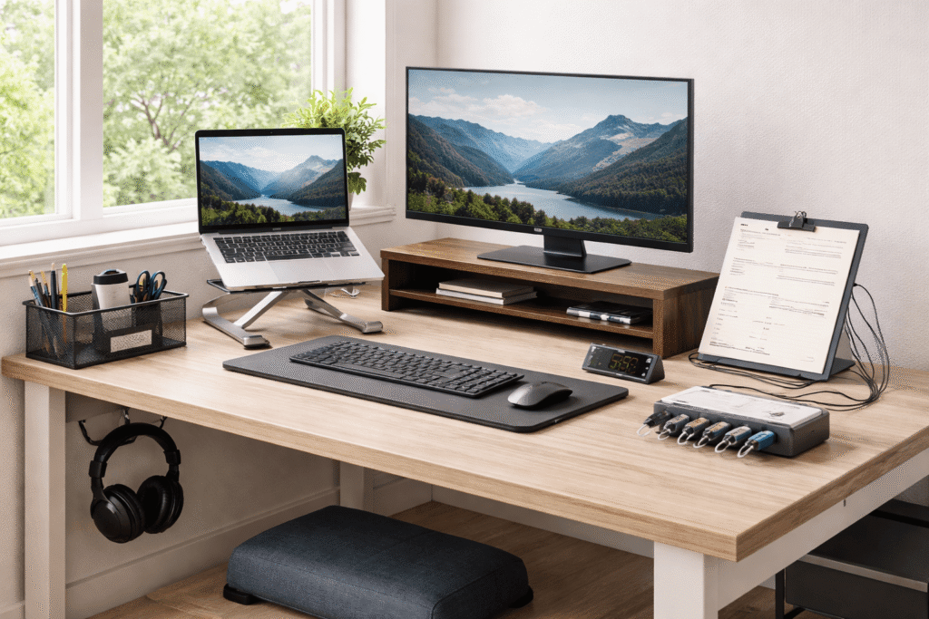 Clean home office desk setup with laptop stand, monitor riser, document holder, desk organizer, and productivity accessories.