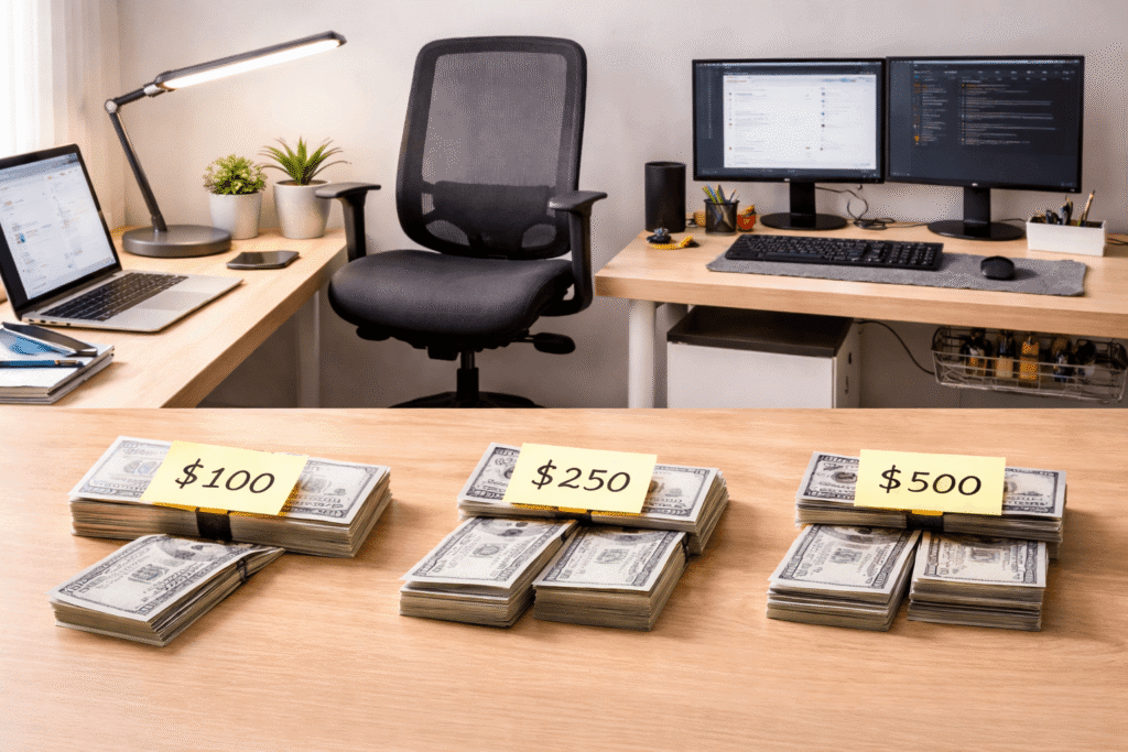 Home office setup showing different budget levels with desk upgrades and workspace improvements for $100, $250, and $500