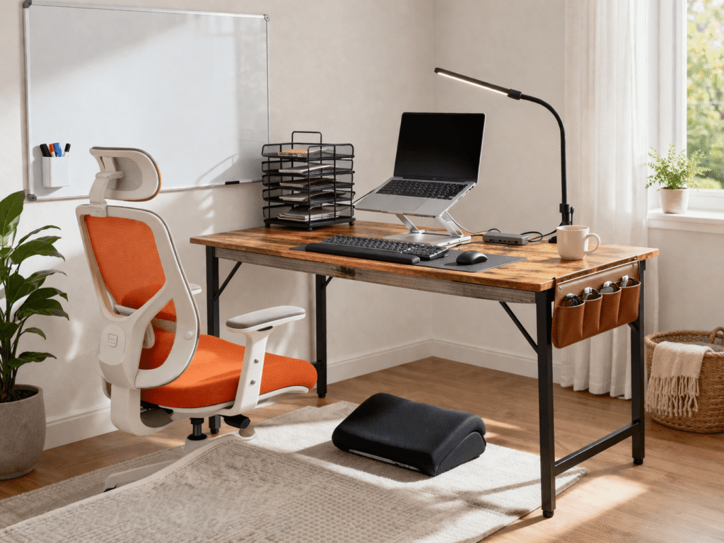 Minimalist home office setup with ergonomic chair, wooden desk, laptop stand, and organized workspace in natural light