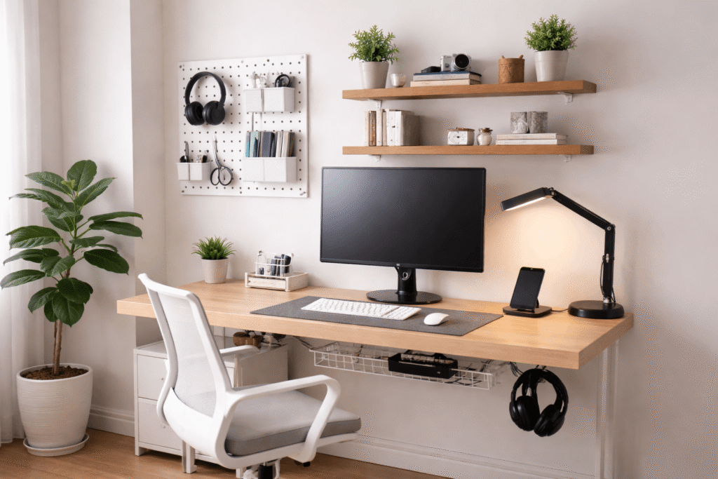 Minimal desk setup for small spaces with floating shelves, pegboard wall organizer, monitor, and clean home office workspace.
