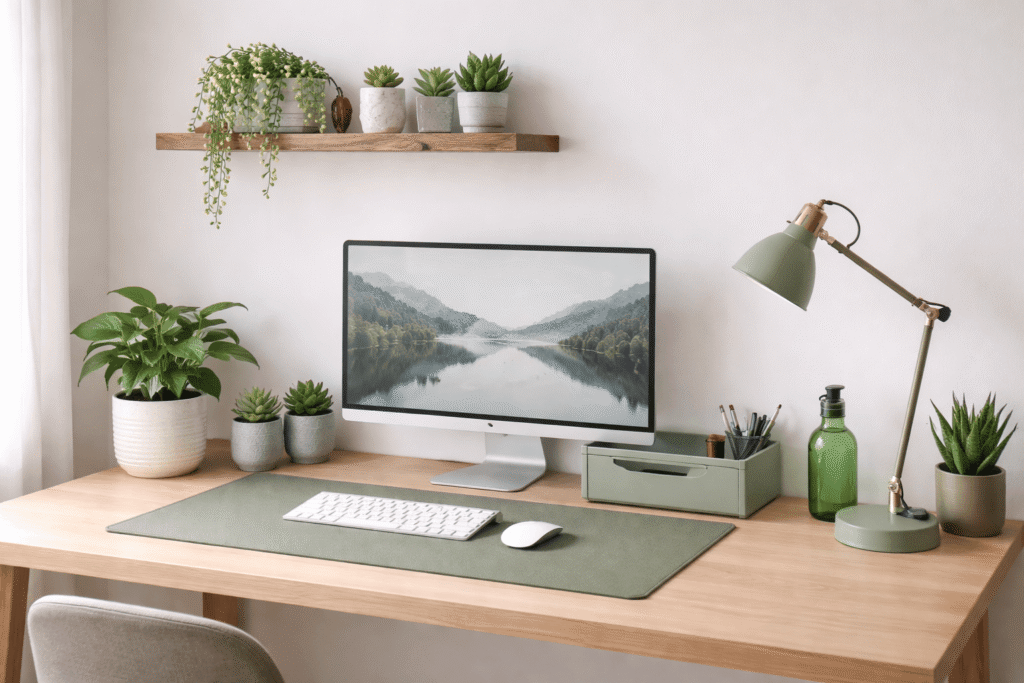 Minimal green desk setup with plants, olive desk mat, modern lamp, and clean home office workspace