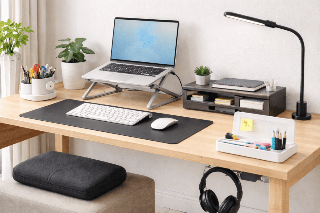 organized home office desk setup with laptop stand desk lamp monitor riser desk mat and desk organizers