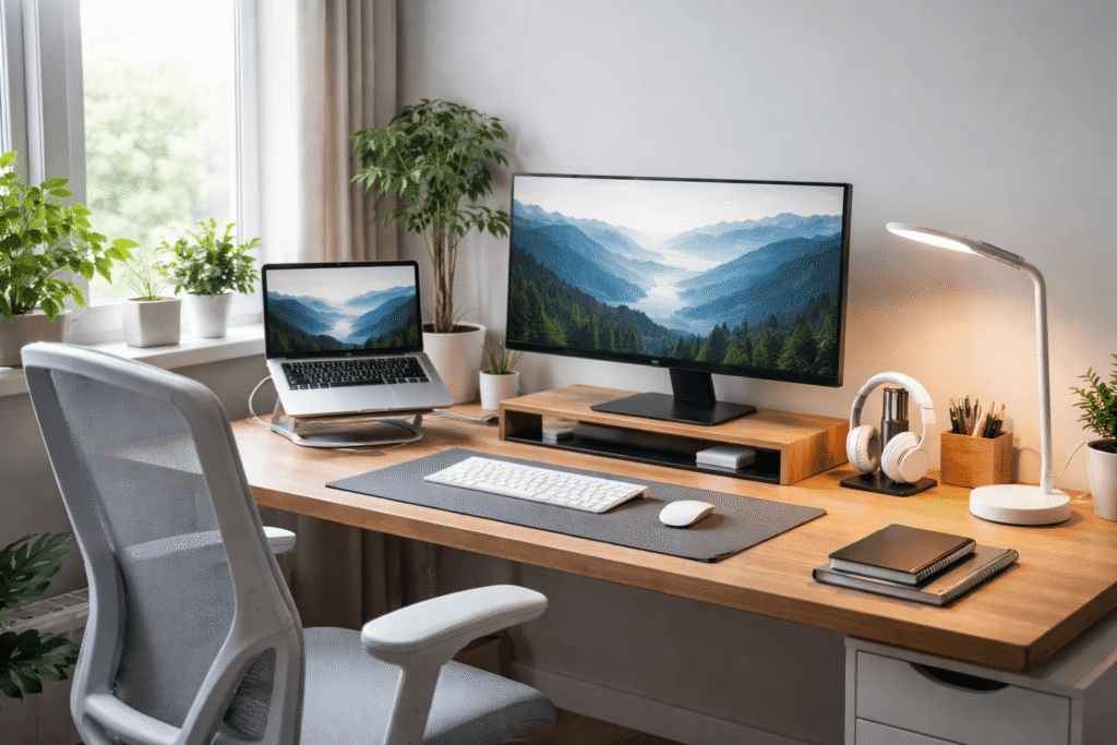 Clean and organized home office desk setup with laptop stand, monitor riser, ergonomic chair, desk lamp, plants, and minimal accessories designed to improve ergonomics, lighting, organization, and focus.