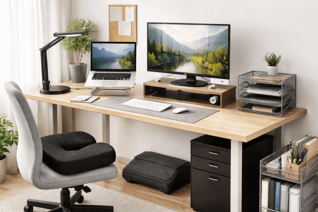 Clean and organized home office desk setup with ergonomic chair cushion, laptop stand, monitor riser, desk lamp, and storage organizers in a bright workspace