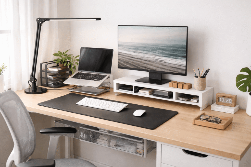Clean minimalist desk setup with monitor riser, laptop stand, LED lamp, and organized workspace near a bright window.
