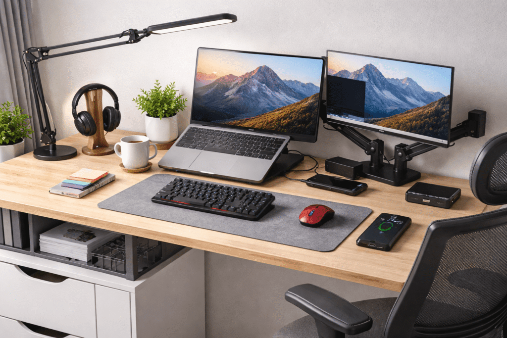 Modern work from home desk setup with laptop, dual monitors, mechanical keyboard, ergonomic chair, and clean organized workspace for creative professionals