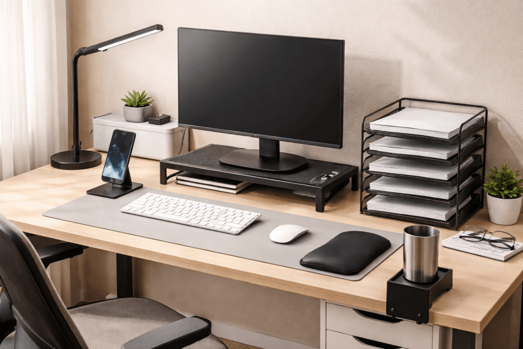 Minimalist small desk setup with monitor stand, desk lamp, cable management, and organized workspace accessories for productivity and comfort