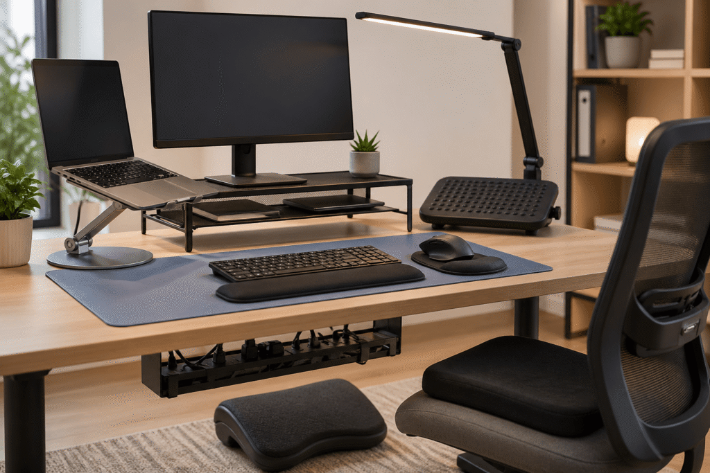 Modern ergonomic home office desk setup with monitor riser, laptop stand, keyboard tray, footrest, task lamp, and organized workspace for long work hours.