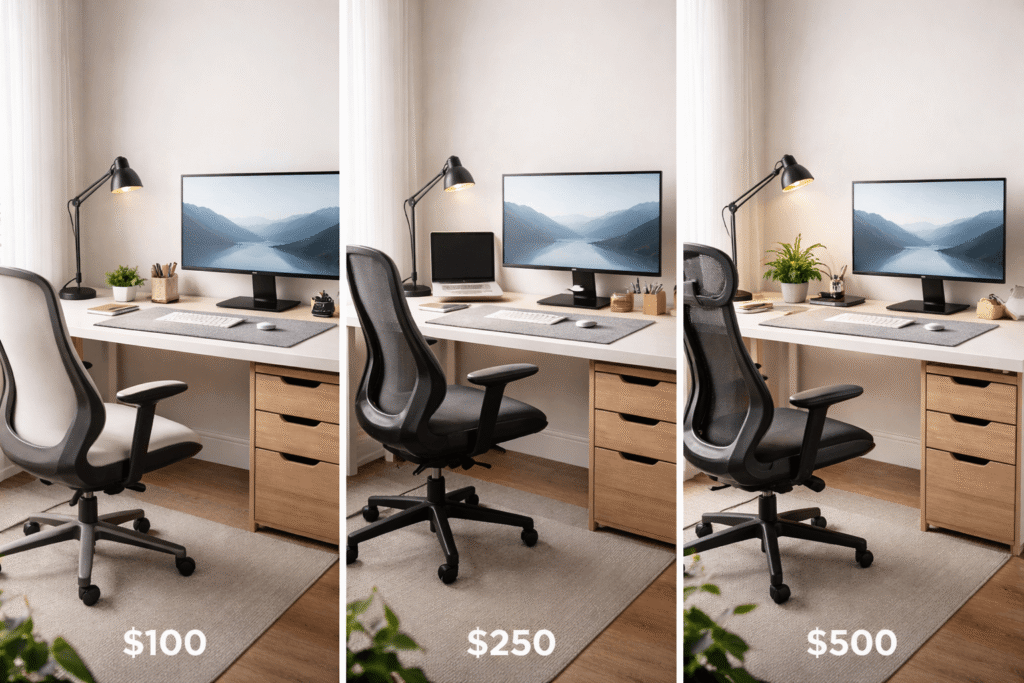 Minimalist home office desk setup showing progressive improvements in comfort, lighting, and organization across different budget levels.